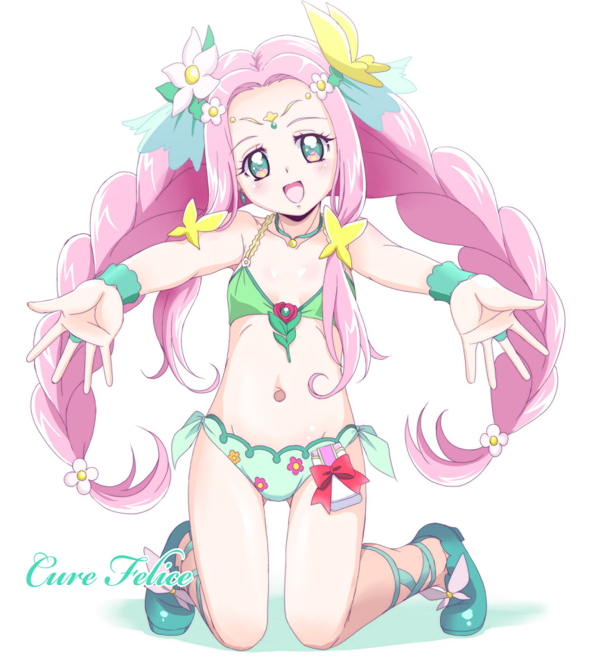 1girl :d alternate_costume amraam120c aqua_eyes aqua_shoes bikini braid breasts butterfly_hair_ornament character_name choker cure_felice flower full_body green_bikini hair_flower hair_ornament hanami_kotoha highres jewelry kneeling long_hair looking_at_viewer magical_girl mahou_girls_precure! navel open_mouth outstretched_arms pink_hair precure ring shiny_skin shoes small_breasts smile solo stomach swimsuit twin_braids wrist_cuffs