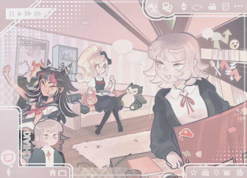 1boy 3girls amamiya_ren black_bow black_dress black_hair black_jacket black_shoes black_thighhighs blank_speech_bubble blinky_(pac-man) blue_hair blue_sailor_collar blueofthesunset blush book bow bowl brown_hair character_name closed_eyes collared_shirt computer computer_mouse couch danganronpa_(series) danganronpa_2:_goodbye_despair doorway dress earrings eyelashes fang figure fire fork from_behind gen_1_pokemon gen_3_pokemon guitar hair_bow hair_horns hatsune_miku high_heels highres holding holding_bowl holding_guitar holding_instrument hood hood_down hooded_jacket indoors instrument jacket jewelry joker_(persona_5) knife komaeda_nagito long_hair long_sleeves luigi mario mario_(series) medium_hair mioda_ibuki monitor multicolored_hair multiple_girls nanami_chiaki neck_ribbon neckerchief nintendo non-web_source on_couch open_clothes open_jacket open_mouth pac-man pac-man_(game) page_number pencil persona persona_5 pillow pink_hair pink_neckerchief plant pokemon ponytail red_bow red_ribbon ribbon sailor_collar shelf shirt shoes short_hair short_sleeves sitting skitty smile smiley_face smoke snorlax sonia_nevermind speech_bubble star_(symbol) sticker stuffed_toy the_sims thighhighs usami_(danganronpa) user_interface vocaloid white_hair white_shirt