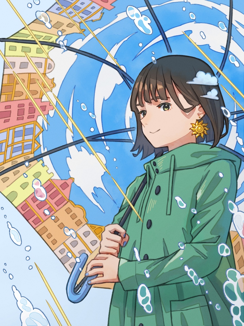 1girl absurdres blue_nails blue_sky brown_hair building choppy_bangs cloud coat earrings fingernails from_side green_coat green_eyes grey_background hair_behind_ear highres holding holding_umbrella ito_yoshi jewelry long_sleeves looking_at_viewer nail_polish original print_umbrella rain raincoat short_hair sideways_mouth simple_background sky smile solo standing sun_earrings umbrella upper_body water_drop