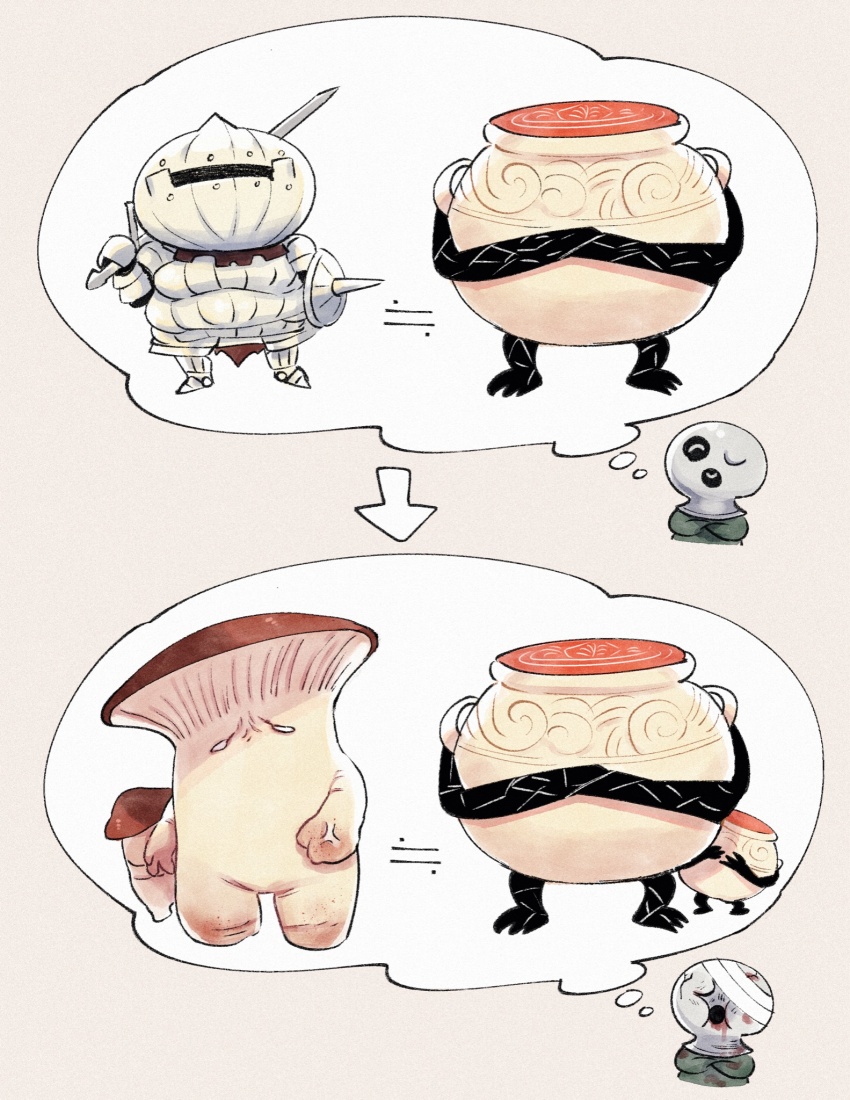 1boy armor bandage_over_one_eye beaten blood closed_eyes crossed_arms dark_souls_(series) dark_souls_ii elden_ring full_armor highres holding holding_shield holding_sword holding_weapon iron_fist_alexander living_jar_(elden_ring) looking_at_viewer mushroom_child mushroom_parent nijiomu prisoner_(elden_ring) prisoner_iron_mask_(elden_ring) shield siegmeyer_of_catarina sword tarnished_(elden_ring) thinking weapon