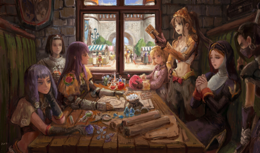 6+girls absurdres acolyte_(ragnarok_online) apple armor assassin_(ragnarok_online) black_coif black_dress black_gloves blonde_hair booth_seating bow bra brown_bandana brown_capelet brown_gloves brown_hair brown_jacket brown_shorts bug capelet card chainmail chonchon commentary cowboy_shot cross crusader_(ragnarok_online) day dress earrings elbow_gloves elvafirst english_commentary floral_print food fruit gauntlets genetic_(ragnarok_online) gloves highres holding holding_card hoop_earrings indoors jacket jewelry juliet_sleeves knight_(ragnarok_online) lamp long_hair long_sleeves looking_at_another mage_(ragnarok_online) magnifying_glass mask merchant_(ragnarok_online) mouth_mask multiple_girls navel ninja_mask novice_(ragnarok_online) open_clothes open_jacket open_mouth peco_peco poring potion priest_(ragnarok_online) puffy_sleeves purple_eyes purple_hair ragnarok_online red_bow rose_print scroll shirt short_hair shorts shrug_(clothing) smile swordsman_(ragnarok_online) table thief_(ragnarok_online) tiara underwear vial white_bra white_shirt window