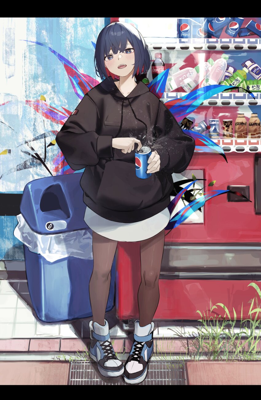 1girl absurdres black_hoodie black_pantyhose blue_hair blunt_bangs blush bob_cut can commentary drawstring drink_can fine_fabric_emphasis full_body highres holding holding_can hood hood_down hoodie kamitsubaki_studio letterboxed long_sleeves looking_at_viewer multicolored_hair open_mouth opening_can outdoors pantyhose pepsi red_hair rim_(kamitsubaki_studio) road shoes short_hair skirt sneakers solo storm_drain street symbol-only_commentary takotousagi teeth trash_can two-tone_hair upper_teeth_only vending_machine virtual_youtuber white_skirt