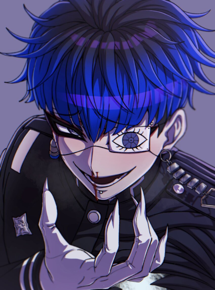 1boy blood blue_hair buttons chamuchai earrings eye_print eyeliner eyepatch face_piercing fingernails gakuran gloves grey_background grey_eyes grin highres hole_in_chest hole_on_body jewelry labret_piercing last_defense_academy_school_uniform looking_at_viewer lower_teeth_only makeup male_focus multicolored_hair nosebleed omokage_yugamu one_eye_covered piercing portrait print_eyepatch red_eyeliner school_uniform sharp_fingernails short_hair simple_background smile solo teeth the_hundred_line_-last_defense_academy- white_gloves