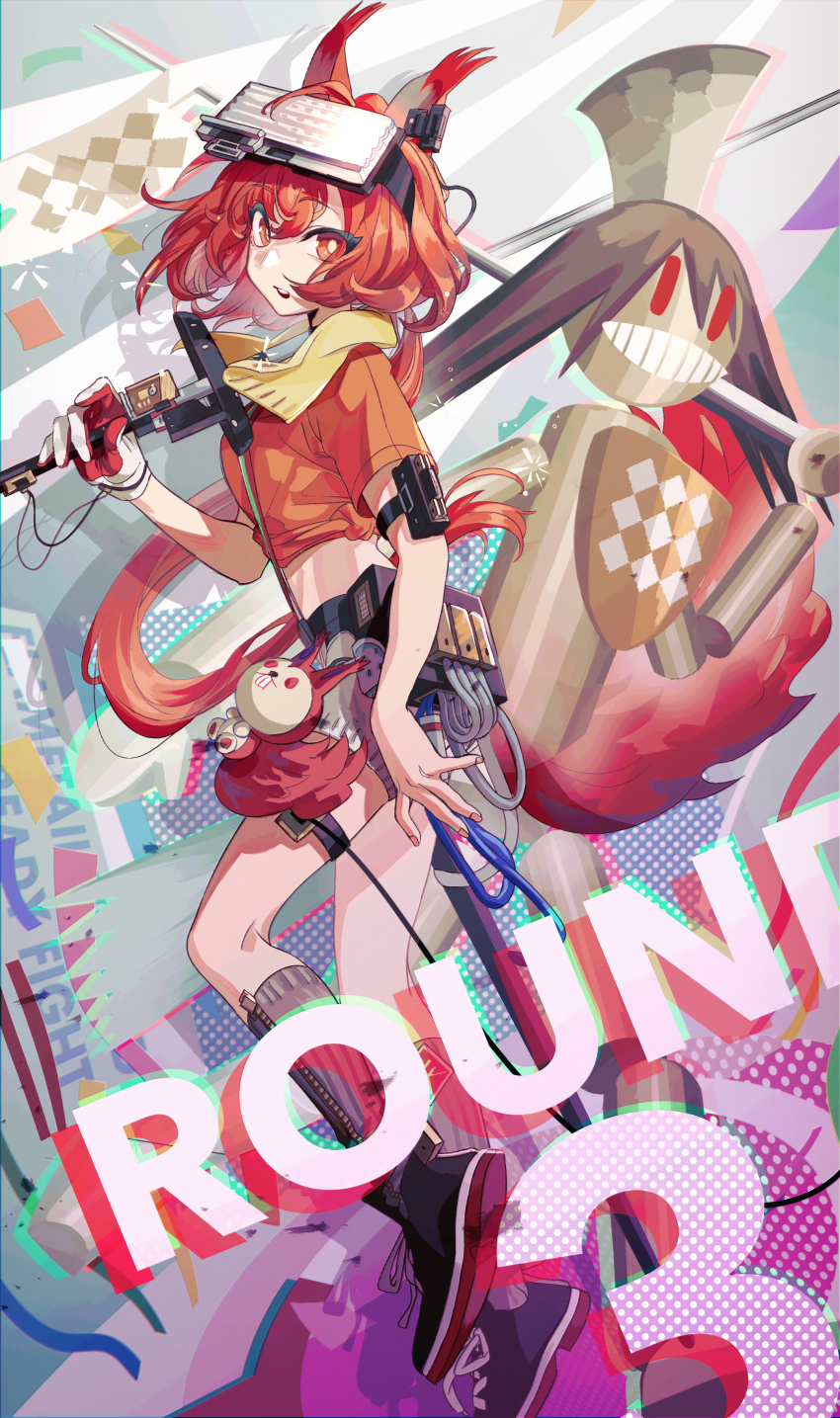 1girl absurdres animal_ears arknights flametail_(arknights) flametail_(sport_for_all)_(arknights) head-mounted_display highres low_ponytail matsuba_(mtbsbr721) orange_shirt over_shoulder ponytail red_eyes red_hair shirt shorts squirrel_ears squirrel_tail stuffed_squirrel sword sword_over_shoulder tail tied_shirt weapon weapon_over_shoulder wild_mane_(arknights)