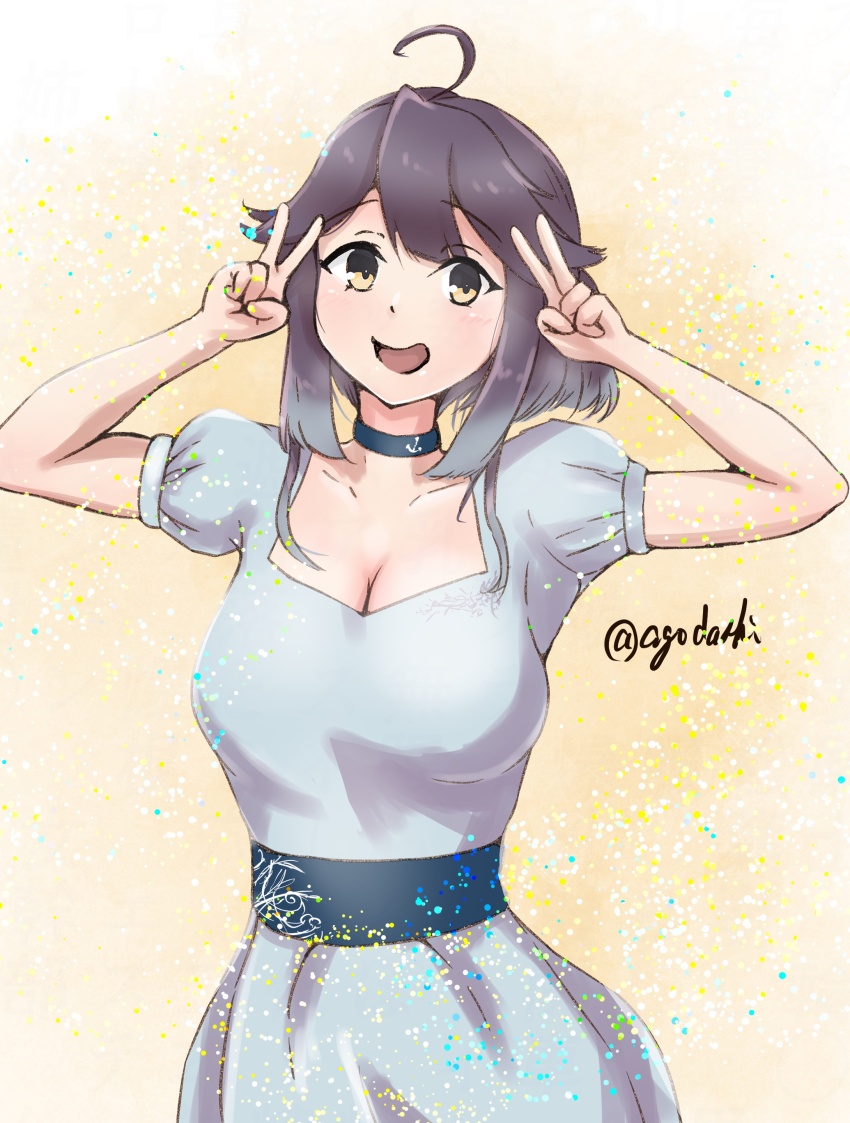 1girl absurdres agodashi ahoge alternate_costume black_choker blue_dress breasts brown_eyes choker cleavage commentary_request cowboy_shot double_v dress grey_hair hayanami_(kancolle) highres kantai_collection medium_breasts one-hour_drawing_challenge side_ponytail smile solo twitter_username v