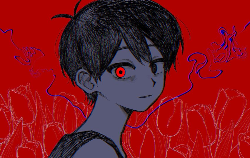 1boy abstract_background alternate_eye_color antenna_hair bags_under_eyes black_eyes black_hair black_tank_top blue_background chromatic_aberration colored_skin double-parted_bangs flower from_behind glowing glowing_eye grin hair_behind_ear hair_between_eyes hatching_(texture) heterochromia looking_at_viewer looking_back male_focus omori omori_(omori) portrait red_background red_eyes rou_(h_s_sinrin) short_hair simple_background smile solo tank_top tulip very_short_hair white_skin