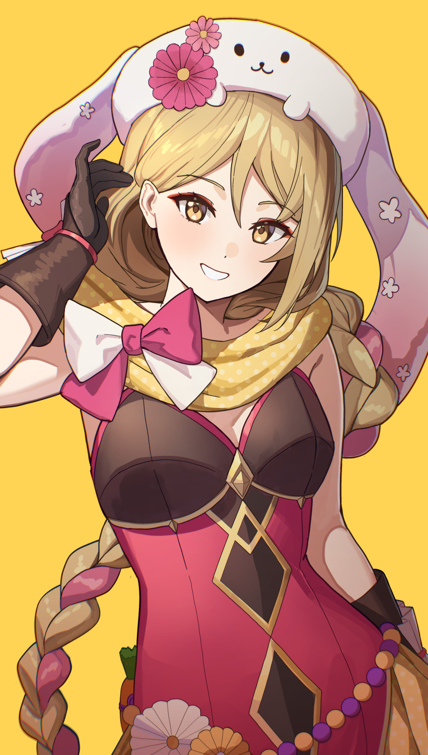 1girl absurdres animal_hat ashamutoki blonde_hair braid braided_ponytail brown_gloves commission commissioner_upload easter easter_egg egg expressive_clothes fire_emblem fire_emblem_engage fire_emblem_heroes flower_ornament framme_(fire_emblem) framme_(spring)_(fire_emblem) gloves hat highres looking_at_viewer nintendo non-web_source official_alternate_costume pink_hair polka_dot polka_dot_scarf rabbit_hat scarf smile solo yellow_background yellow_eyes yellow_scarf