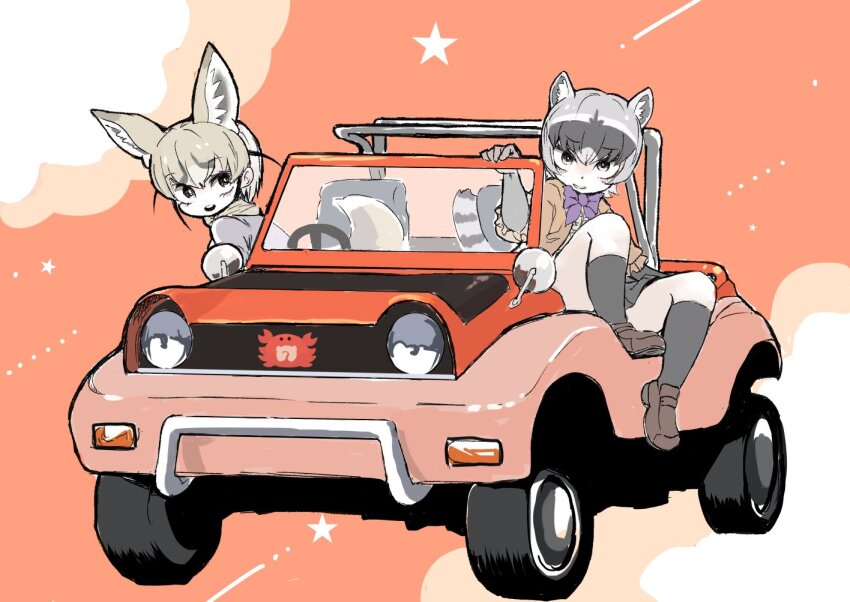 2girls animal_ears black_hair black_socks blouse bow bowtie brown_hair car crab-eating_raccoon_(kemono_friends) dune_buggy extra_ears fox_ears fox_tail gloves grey_hair japari_symbol kemono_friends kemono_friends_3 knee_up light_brown_hair looking_at_viewer medium_hair motor_vehicle multicolored_hair multiple_girls nenkou-san raccoon_ears raccoon_girl raccoon_tail rueppell&#039;s_fox_(kemono_friends) shirt shoes short_hair sitting skirt smile socks tail vehicle_focus white_hair