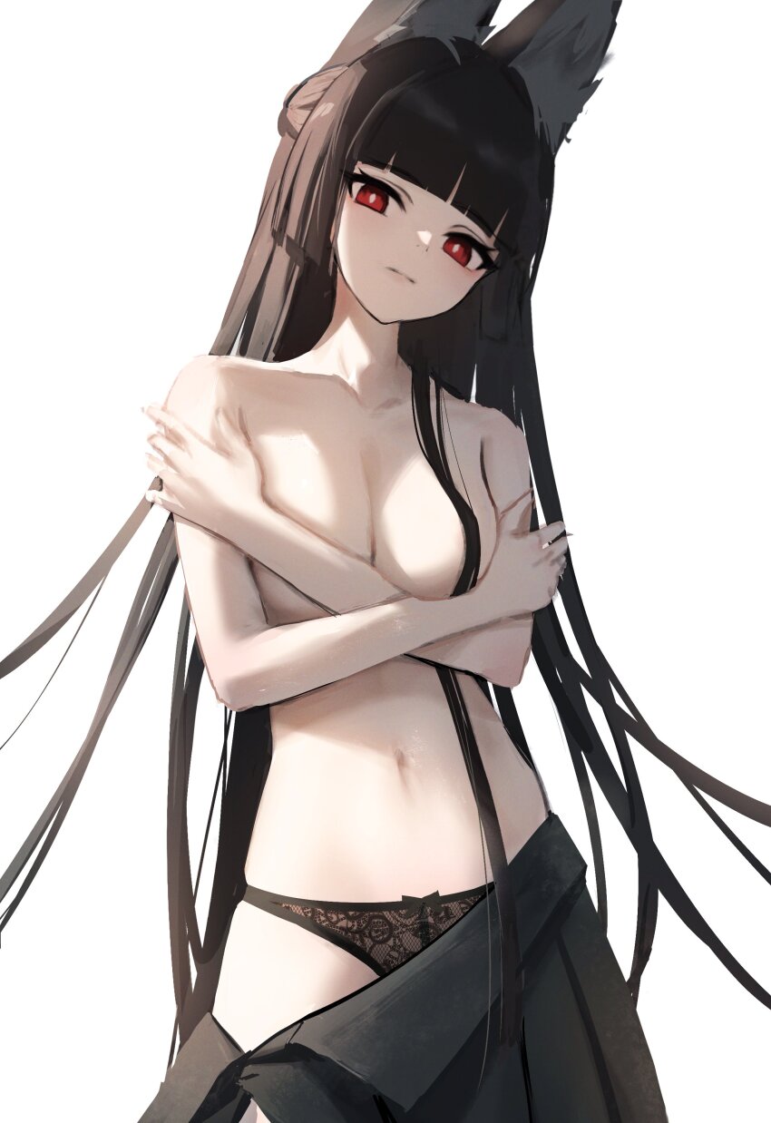 1girl absurdres animal_ears black_hair black_panties breasts clothes_pull collarbone covering_breasts covering_privates fox_ears fox_girl highres hoshimi_miyabi large_breasts long_hair navel panties red_eyes simple_background skirt skirt_pull solo stomach thomas_8000 topless_female underwear very_long_hair white_background zenless_zone_zero