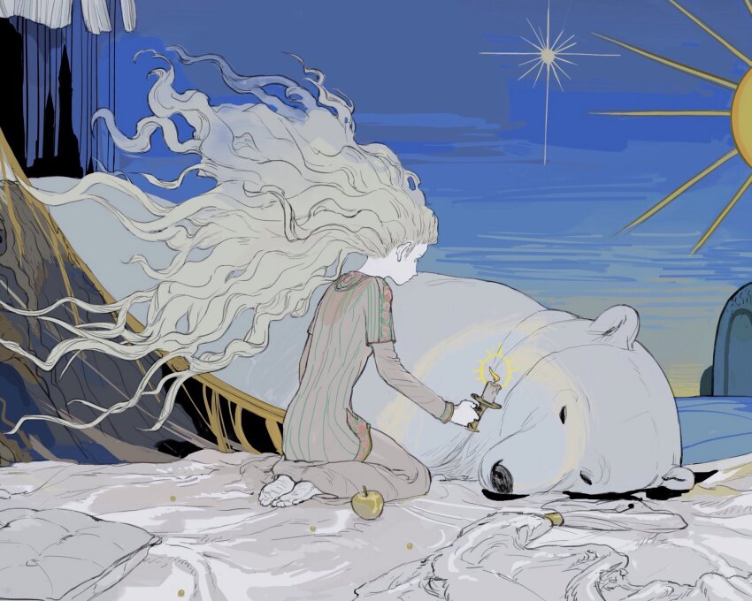 1girl animal apple barefoot bear blonde_hair blue_sky candle closed_mouth commentary day dress english_commentary floating_hair food from_behind fruit full_body golden_apple highres holding holding_candle huahua_zhu kneeling long_hair lying original outdoors polar_bear sitting sky solo star_(sky) star_(symbol) sun very_long_hair