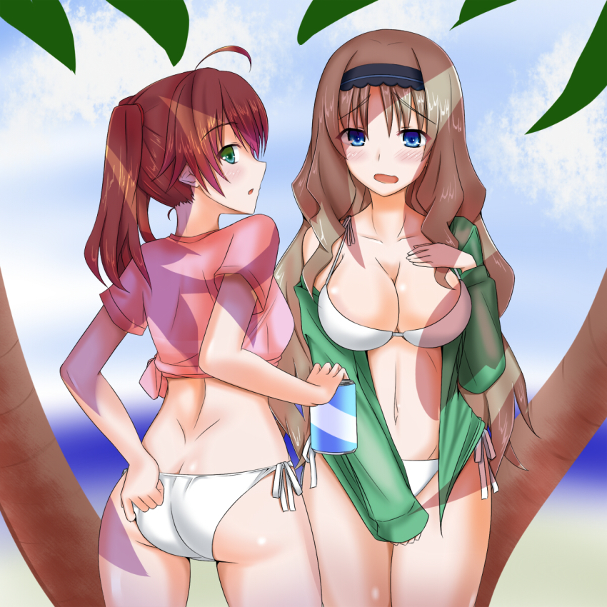 2girls ass blue_eyes breasts butt_crack darling_in_the_franxx green_eyes highres kokoro_(darling_in_the_franxx) large_breasts long_hair miku_(darling_in_the_franxx) multiple_girls swimsuit twintails