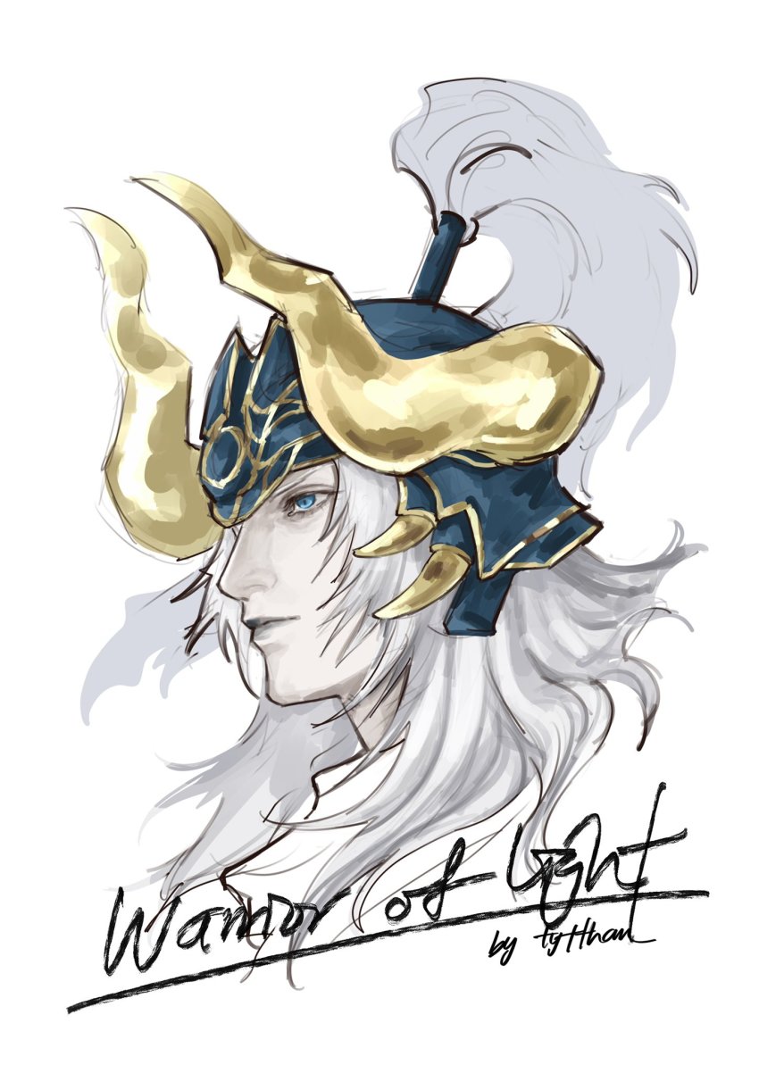 1boy blue_eyes character_name closed_mouth english_text fake_horns final_fantasy final_fantasy_xiv grey_hair helmet highres horned_headwear horned_helmet horns long_hair male_focus pale_skin portrait signature simple_background sketch solo tyt_tham warrior_of_light_(ff1) white_background yellow_horns