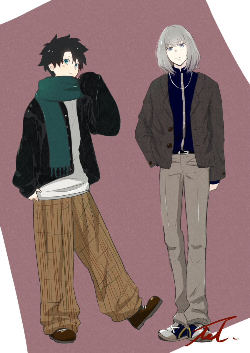 2boys absurdres alternate_costume arms_at_sides belt black_belt black_hair black_jacket black_shirt blue_eyes blush brown_footwear brown_pants buttons clenched_teeth closed_mouth dress_shoes fate/grand_order fate_(series) frown fujimaru_ritsuka_(male) full_body green_scarf grey_hair grey_pants hand_in_pocket highres jacket jewelry long_legs long_sleeves male_focus mmmpsychedelic138 multiple_boys necklace oberon_(fate) open_clothes open_jacket pants scarf shirt shoes short_hair signature sleeves_past_wrists smile sneakers teeth white_shirt
