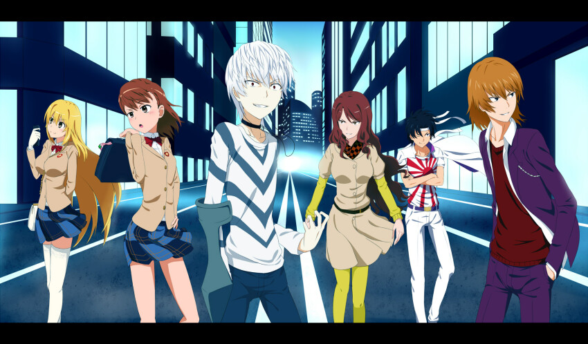 3boys 3girls accelerator_(toaru_majutsu_no_index) albino ascot asymmetrical_bangs bag bare_arms belt black_belt black_choker black_eyes black_hair blazer blonde_hair blue_background blue_skirt bow bowtie breasts brown_ascot brown_coat brown_eyes brown_hair brown_jacket building buttons checkered_ascot checkered_clothes choker cityscape closed_mouth coat collarbone collared_shirt commentary controller cowboy_shot crossed_arms crutch diagonal-striped_clothes diagonal-striped_shirt electrodes emblem feet_out_of_frame formal_clothes gekota gloves glowing_windows grey_pants grin hair_between_eyes hand_in_pocket hand_on_own_hip hand_up handbag headband highres holding holding_crutch holding_remote_control jack-barro jacket jacket_on_shoulders kakine_teitoku large_breasts layered_sleeves letterboxed level_5_(toaru) light_blush long_hair long_sleeves looking_at_viewer medium_hair messy_hair miniskirt misaka_mikoto mugino_shizuri multiple_boys multiple_girls one_eye_closed open_clothes open_jacket open_mouth open_shirt outdoors pale_skin pants plaid_clothes plaid_skirt pleated_skirt puffy_short_sleeves puffy_sleeves purple_jacket purple_pants purple_suit red_bow red_bowtie red_eyes red_shirt remote_control rising_sun_flag road school_emblem school_uniform shirt shokuhou_misaki short_hair short_over_long_sleeves short_sleeves sidelocks skirt sky smile sogiita_gunha sparkling_eyes spider_web_print standing sternocleidomastoid_muscle street striped_clothes striped_shirt suit sunburst sweater thighhighs toaru_kagaku_no_railgun toaru_majutsu_no_index toaru_majutsu_no_index:_old_testament tokiwadai_school_uniform two-tone_ascot v-neck very_long_hair wavy_hair white_gloves white_hair white_headband white_jacket white_pants white_shirt white_thighhighs window winter_uniform yellow_sleeves yellow_sweater yellow_thighhighs zettai_ryouiki