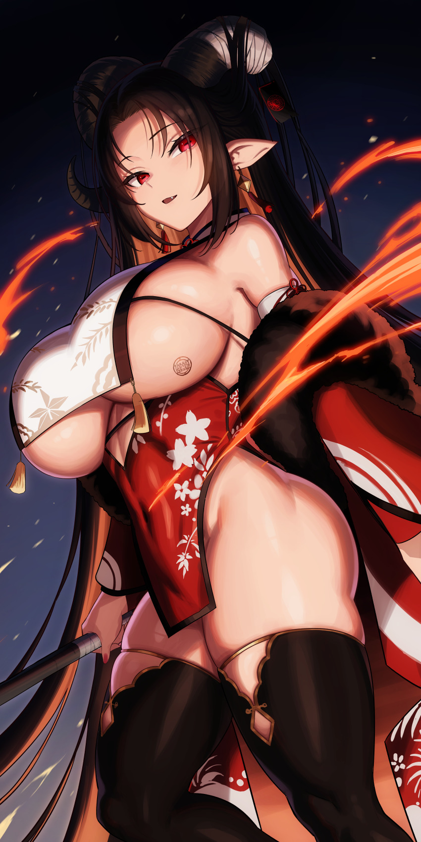 1girl absurdres bare_shoulders black_horns black_thighhighs breasts character_request commentary copyright_request covered_navel earrings english_commentary floral_print from_side highres holding horns jewelry kook large_breasts long_hair looking_at_viewer no_panties parted_lips pelvic_curtain pointy_ears red_eyes sideboob skindentation smile solo thighhighs thighs underboob