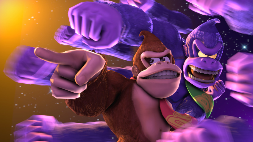 2boys 3d absurdres afterimage alternate_color angry black_eyes body_fur brown_fur clenched_hand commentary donkey_kong donkey_kong_(series) english_commentary fingernails glowing glowing_eyes gorilla gradient_background green_necktie highres jojo_no_kimyou_na_bouken looking_to_the_side multiple_boys navel necktie nintendo no_nipples no_pupils nostrils open_mouth pointing punching purple_background purple_fur reckoman red_necktie smile space stand_(jojo) star_(sky) stardust_crusaders v-shaped_eyebrows vinesauce yellow_background yellow_eyes