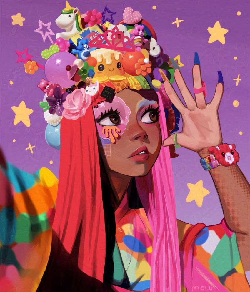 1girl absurdres art_study bead_bracelet beads bear_hair_ornament bracelet brown_eyes care_bears cat_hair_ornament character_hair_ornament cheer_bear cloud_hair_ornament commentary dark-skinned_female dark_skin decora english_commentary eyelashes eyeshadow facepaint fashion fingernails flower grumpy_bear hair_flower hair_ornament hand_up hello_kitty hello_kitty_(character) highres jewelry lips long_fingernails long_hair makeup molu_(sodasnaps) original painterly photo-referenced pink_hair purple_background rainbow_hair_ornament realistic ring sanrio simple_background solo star_(symbol) straight_hair too_many_hair_ornaments unicorn unicorn_hair_ornament upper_body