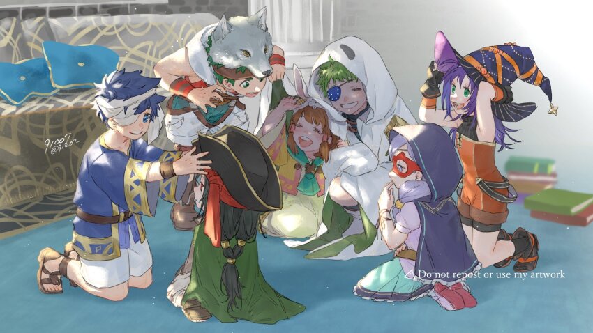 3girls 4boys 91007 aged_down artist_name black_hair blue_eyes blue_hair book boyd_(fire_emblem) boyd_(future_great)_(fire_emblem) brown_hair cape child closed_eyes dated dress eyepatch fingerless_gloves fire_emblem fire_emblem:_path_of_radiance fire_emblem_heroes ghost_costume gloves green_cape green_eyes green_hair halloween_costume hat highres hood hooded_cape ike_(close-knit_siblings)_(fire_emblem) ike_(fire_emblem) ilyana_(awakened_appetite)_(fire_emblem) ilyana_(fire_emblem) long_hair mia_(budding_blade)_(fire_emblem) mia_(fire_emblem) mist_(close-knit_siblings)_(fire_emblem) mist_(fire_emblem) multiple_boys multiple_girls nintendo pirate_hat red_eyes red_mask rolf_(fire_emblem) rolf_(halloween)_(fire_emblem) sandals short_hair shorts siblings smile soren_(fire_emblem) soren_(hushed_voice)_(fire_emblem) white_shorts witch_hat
