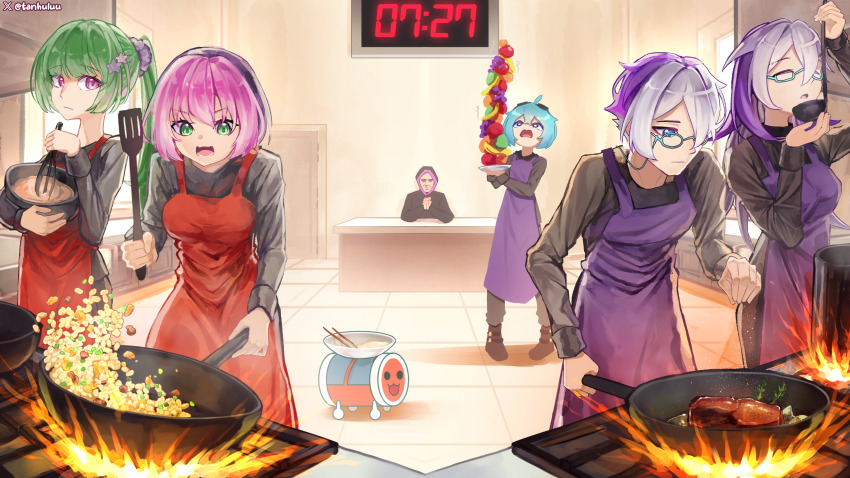 3boys 3girls 727_(meme) :3 :| apple apron banana black_hair black_jacket black_pants black_shirt blue-framed_eyewear blue_eyes blue_hair bob_cut boots breasts brother_and_sister brown_boots closed_eyes closed_mouth colored_bangs commentary contest_winner cooking countdown_timer dean_&quot;peppy&quot;_herbert english_commentary expressionless eyewear_strap fire food food_stack fried_rice fruit frying_pan glasses grapes green_eyes green_hair hair_between_eyes highres holding holding_frying_pan holding_ladle holding_spatula holding_whisk hood hood_up hooded_jacket indoors jacket kitchen ladle leaning_forward light_frown long_hair long_sleeves mani_(osu!) mari_(osu!) medium_breasts meme mixing mixing_bowl mocha_(osu!) multicolored_hair multiple_boys multiple_girls orange_apron osu! pants pink_hair pippi_(osu!) ponytail purple_apron purple_eyes purple_hair salt second-party_source shirt short_hair siblings spatula sprinkling standing stove streaked_hair taiko_no_tatsujin tanhuluu taste_testing twins twitter_username twitter_x_logo two-tone_hair v-shaped_eyebrows wada_don whisk white_hair yuzu_(osu!)