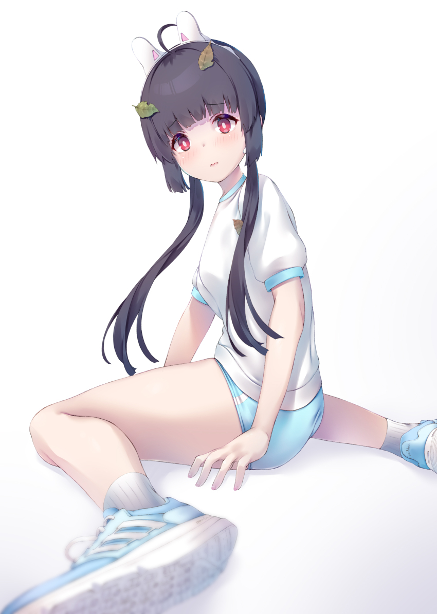 1girl absurdres ahoge alternate_costume alternate_hairstyle animal_ear_headband animal_ears aqua_buruma aqua_shoes arm_support black_hair blue_archive blunt_bangs blurry blush bright_pupils buruma closed_mouth commentary_request depth_of_field fake_animal_ears gym_uniform highres leaf leaf_on_head looking_at_viewer looking_back miyu_(blue_archive) nakazawa_aki red_eyes shirt shoes sidelocks simple_background sitting sneakers socks solo twintails wariza white_background white_pupils white_shirt white_socks