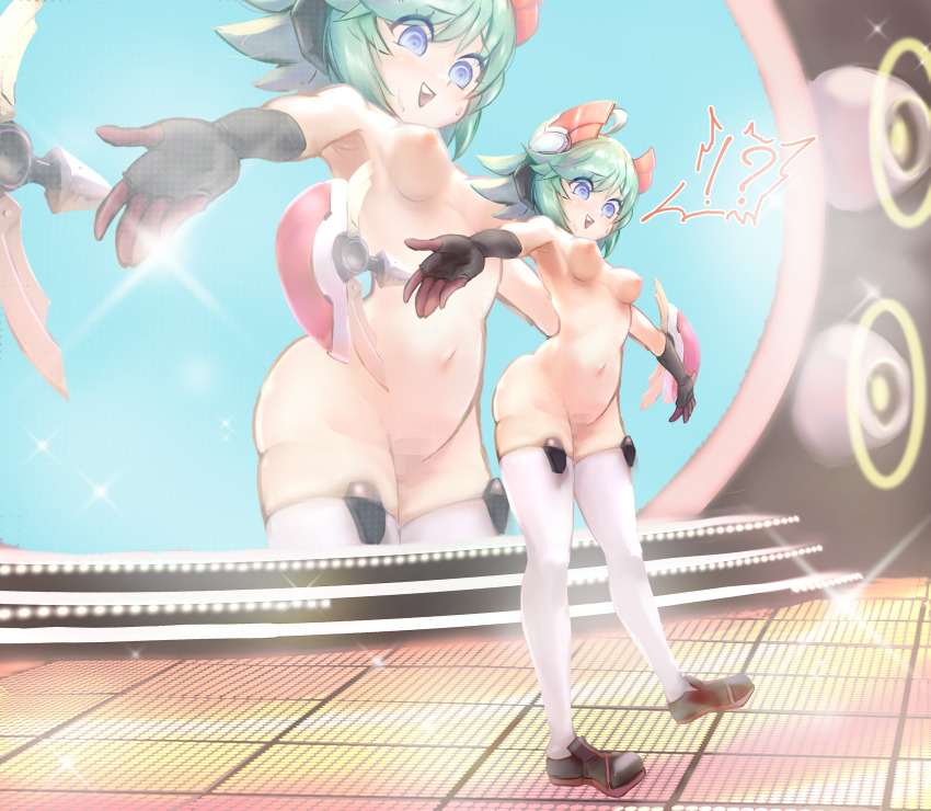 !? 1girl absurdres azure_striker_gunvolt black_gloves blue_eyes breasts censored commission cu29do2 full_body gloves green_hair gunvolt_chronicles_luminous_avenger_ix headgear highres mosaic_censoring nipples nude outstretched_arms pussy roro_(gunvolt) short_hair skeb_commission small_breasts solo speech_bubble spread_arms stage standing surprised thighhighs white_thighhighs