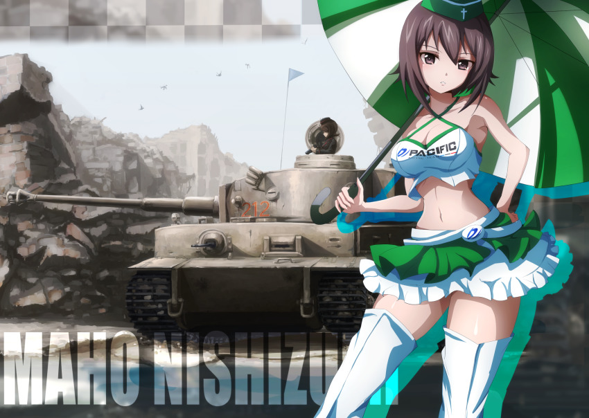 1girl alternate_costume binoculars bird black_hat black_jacket boots breasts brown_hair building character_name cleavage commentary contrapposto criss-cross_halter crop_top dai_toro day debris destruction emblem female_focus frilled_skirt frills garrison_cap girls_und_panzer green_hat green_skirt green_umbrella grey_sky halterneck hat highres holding holding_binoculars holding_umbrella idol insignia jacket kuromorimine_(emblem) kuromorimine_military_uniform layered_skirt leaning_forward logo long_sleeves medium_breasts military military_hat military_uniform military_vehicle miniskirt motor_vehicle navel nishizumi_maho outdoors parted_lips print_shirt shirt silhouette skirt sky solo tank thigh_boots thighhighs tiger_i umbrella white_boots white_shirt