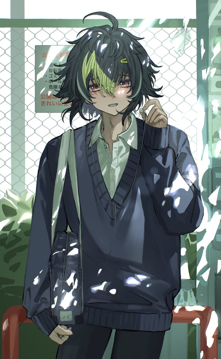 1boy absurdres ahoge bag black_hair black_pants blue_cardigan cardigan chain-link_fence collared_shirt cowboy_shot dappled_sunlight earphones fence green_hair hair_between_eyes highres inami_rai looking_at_viewer male_focus multicolored_hair nijisanji outdoors pants pink_eyes school_bag shirt short_hair shoulder_bag single_earphone_removed sleeves_past_wrists smile solo sunlight teardrop two-tone_hair virtual_youtuber wasabi_(d82nsst) white_shirt