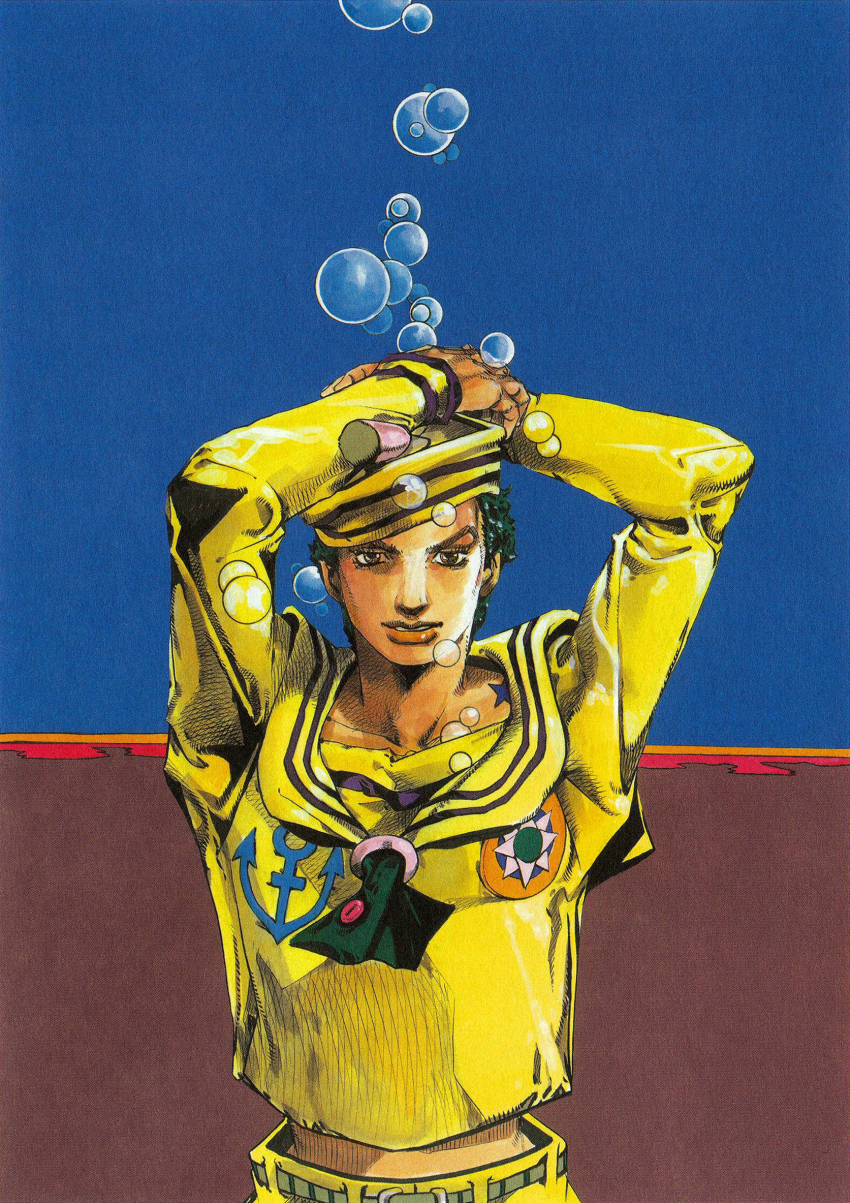 1boy anchor_ornament araki_hirohiko arms_up birthmark bubble compass_rose dixie_cup_hat green_hair hat higashikata_josuke_(jojolion) highres joestar_birthmark jojo_no_kimyou_na_bouken jojolion male_focus military_hat non-web_source official_art sailor sailor_collar sailor_hat shirt soap_bubbles solo traditional_media upper_body yellow_hat yellow_sailor_collar yellow_shirt