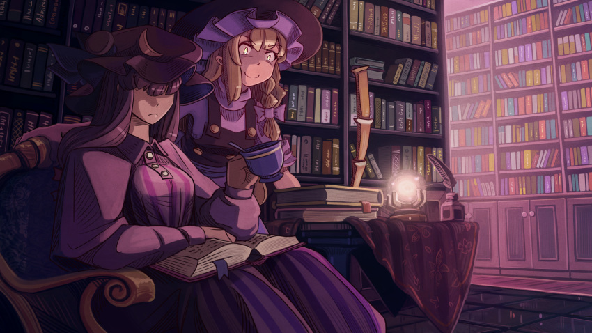 &gt;:) 2girls absurdres acrylic_paint_(medium) blonde_hair book book_stack bookmark bookshelf bow braid breasts chair collar crescent crescent_pin cup frown glowing glowing_eyes grin hair_bow hat hat_ribbon hidden_eyes highres holding holding_cup inkwell kirisame_marisa lamp library light long_hair long_sleeves medium_breasts multiple_girls open_book painting_(medium) patchouli_knowledge purple_hair quill reading reflective_floor ribbon scenery shading shadow short_sleeves smile table tablecloth teacup tile_floor tiles touhou traditional_media u-joe very_long_hair voile white_bow witch_hat yellow_eyes