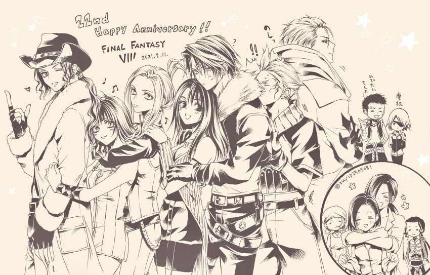 ! !! ? arms_around_neck belt blush breasts cardigan cleavage conga_line cowboy_shot cropped_jacket crossed_arms ellone everyone eyebrow_piercing eyepatch face_piercing father_and_daughter final_fantasy final_fantasy_viii fingerless_gloves flower fur_collar fuujin_(ff8) gloves hair_between_eyes hair_over_one_eye hair_up hand_on_another&#039;s_arm heart high_collar highres hug hug_from_behind irvine_kinneas jacket jewelry kiros_seagill laguna_loire long_coat long_hair looking_at_viewer low_ponytail medium_breasts monochrome multiple_belts multiple_boys multiple_girls musical_note necklace one_eye_closed open_mouth overalls pants parted_bangs piercing pointing ponytail quistis_trepe raijin_(ff8) rinoa_heartilly ruy scar scar_on_face seifer_almasy selphie_tilmitt shirt short_hair shorts skirt sleeveless sleeveless_shirt smile squall_leonhart square_enix straight_hair sweatdrop thumbs_up twitter_username vest ward_zabac wavy_hair zell_dincht