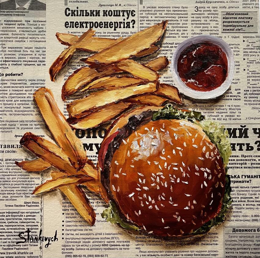 absurdres burger food food_focus french_fries highres julia_stankevych ketchup lettuce newspaper no_humans oil_painting_(medium) original painting_(medium) photo_(medium) realistic sesame_seeds signature still_life traditional_media wall_of_text