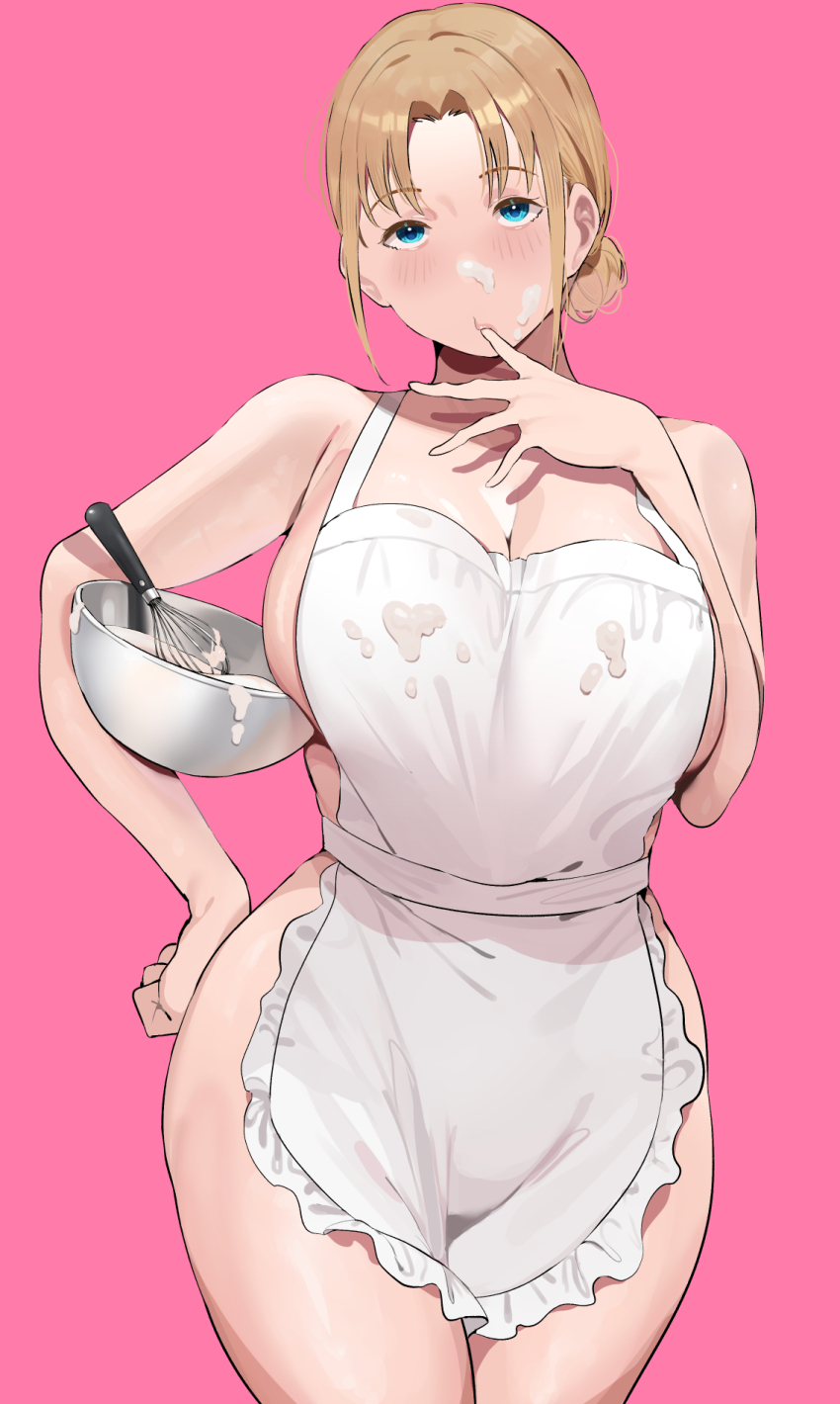 1girl apron blonde_girl_(okpriko) blonde_hair blue_eyes bowl breasts cream cream_on_face finger_sucking food food_on_face hand_on_own_hip highres holding holding_bowl large_breasts looking_at_viewer medium_hair mixing_bowl naked_apron okpriko original pink_background ponytail short_ponytail solo whisk white_apron