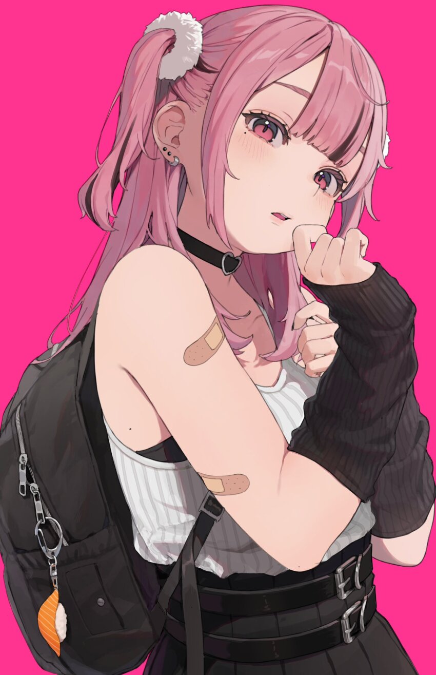 1girl arm_warmers backpack bag bag_charm bandaid bandaid_on_arm belt black_arm_warmers black_bag black_bra black_nails black_skirt blush bra charm_(object) choker collarbone double-parted_bangs earrings fingernails food hair_over_shoulder hamunezuko_(nezukonezu32) hands_up head_tilt heart heart_choker highres hoop_earrings jewelry long_hair looking_at_viewer mole mole_under_eye multiple_belts nail_polish open_mouth original pink_background pink_eyes pink_hair pleated_skirt sidelocks simple_background skirt solo stud_earrings sushi tank_top teeth tongue twintails underwear upper_body upper_teeth_only white_tank_top