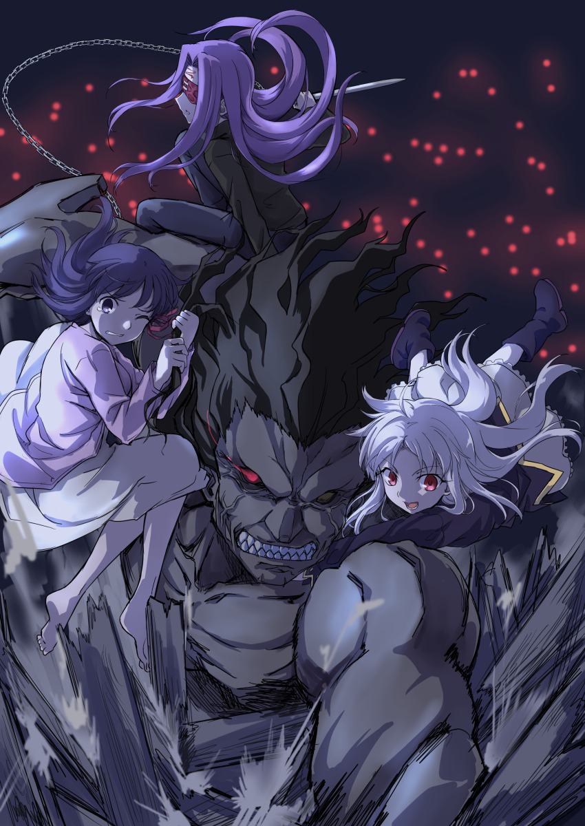 1boy 3girls :d absurdres barefoot black_hair chain chiizu_ore covered_eyes dark_skin fate/hollow_ataraxia fate/stay_night fate_(series) frilled_skirt frills hair_ribbon heracles_(fate) heterochromia highres holding holding_weapon illyasviel_von_einzbern long_hair long_sleeves matou_sakura medusa_(fate) medusa_(rider)_(fate) multiple_girls muscular nameless_dagger_(fate) one_eye_closed open_mouth purple_eyes purple_hair red_eyes ribbon sharp_teeth sidelocks skirt smile tearing_up teeth weapon white_hair yellow_eyes