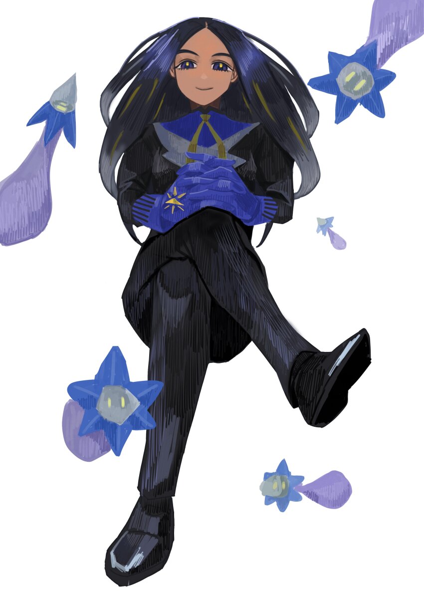 1girl absurdres asia_(aji19081) black_hair black_jacket black_pants black_shoes blue_gloves closed_mouth crossed_legs eyelashes game_freak geeta_(pokemon) glimmet gloves highres interlocked_fingers jacket long_hair long_sleeves neck_ribbon nintendo own_hands_together pants parted_bangs pokemon pokemon_(creature) pokemon_sv purple_eyes ribbon shoes simple_background sitting smile solo white_background yellow_ribbon