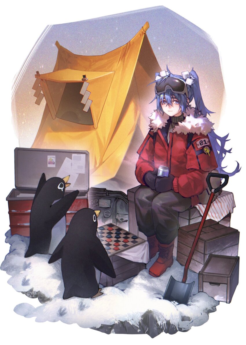 1girl antarctica bag bird black_bag black_bird black_mittens black_pants blue_eyes blue_hair blush board_game boots border box breath brown_bag can checkers_piece chessboard closed_mouth coat cold commentary cooler crate cube_hair_ornament day drink drink_can duffel_bag english_commentary from_side full_body fur-trimmed_hood fur_trim goggles goggles_on_head grey_sweater hair_between_eyes hair_ornament hatsune_miku highres holding holding_can holding_drink hood hood_down light_smile long_hair looking_at_viewer looking_to_the_side messenger_bag messy_hair mittens on_box outdoors pants paper penguin playing_games red_boots red_coat ribbed_sweater rock shide shoulder_bag shovel sitting sitting_on_box ski_goggles smile snow snowing soda_can solo steam sweater tearing_up tent turtleneck turtleneck_sweater twintails very_long_hair vocaloid white_bird white_border window winter_clothes wooden_box worldwide_miku zero808w
