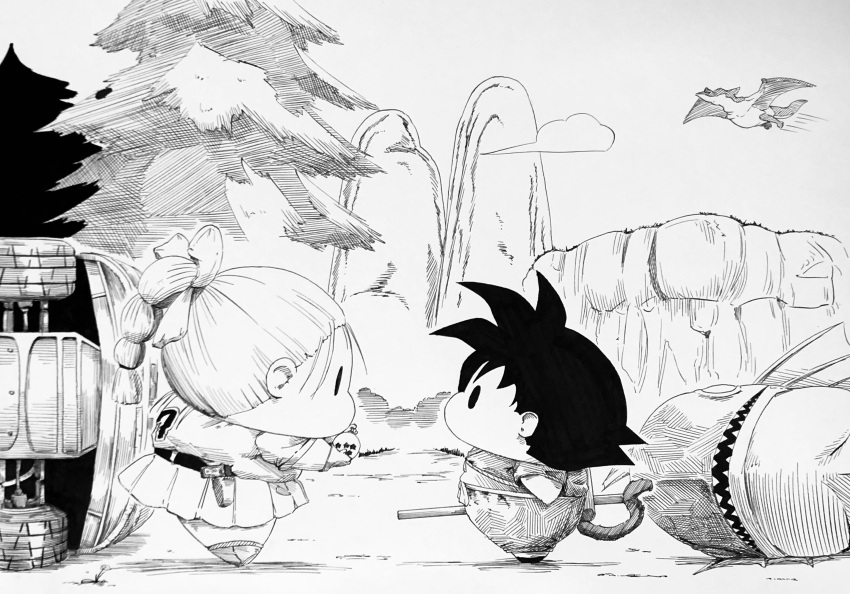 1boy 1girl absurdres bo_staff bow braid braided_ponytail bulma by_tsume chibi cloud commentary_request dougi dragon dragon_ball dragon_ball_(classic) dragon_ball_(object) fir_tree fish greyscale hair_bow highres holding holding_dragon_ball holding_staff karate_gi monkey_tail monochrome outdoors scene_reference short_hair short_sleeves skirt son_goku spiked_hair staff tail tree wyvern