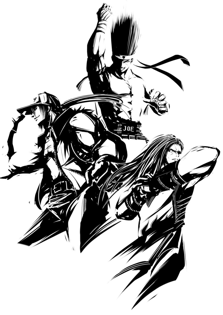 3boys andy_bogard baseball_cap belt blade43883059 brothers denim fatal_fury hachimaki hand_wraps hat headband highres jeans joe_higashi long_hair male_focus monochrome multiple_boys muscular muscular_male pants ponytail shirt siblings sleeveless sleeveless_shirt snk terry_bogard topless_male vest white_background