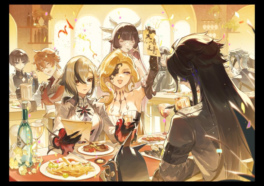 1boy 1girl 3girls 5boys :d alcohol arlecchino_(genshin_impact) black_hair blonde_hair blue_eyes blue_hair blunt_ends bottle capitano_(genshin_impact) closed_eyes coat columbina_(genshin_impact) dikongzhuangshu dottore_(genshin_impact) dress earrings eating food fruit fur_trim genshin_impact glass glasses gloves hair_between_eyes highres holding holding_paper jacket japanese_clothes jewelry lace-trimmed_eyepatch long_hair long_sleeves mask multicolored_hair multiple_boys multiple_girls one_eye_covered open_mouth orange_hair pantalone_(genshin_impact) paper purple_eyes purple_hair red_lips scaramouche_(genshin_impact) short_hair signora_(genshin_impact) smile streaked_hair streamers tartaglia_(genshin_impact) watermelon watermelon_slice white_hair white_jacket wine