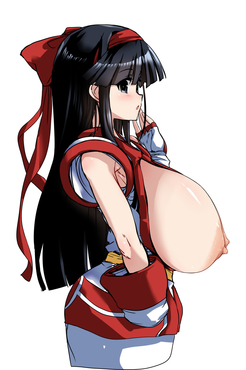 1girl absurdres ainu_clothes alternate_breast_size armpit_peek ass black_hair breasts breasts_out fingerless_gloves from_side gloves grey_eyes hair_ribbon highres hirowa_nagi huge_breasts legs long_hair looking_at_viewer nakoruru nipples open_mouth pants ribbon samurai_spirits sideboob snk solo the_king_of_fighters thighs