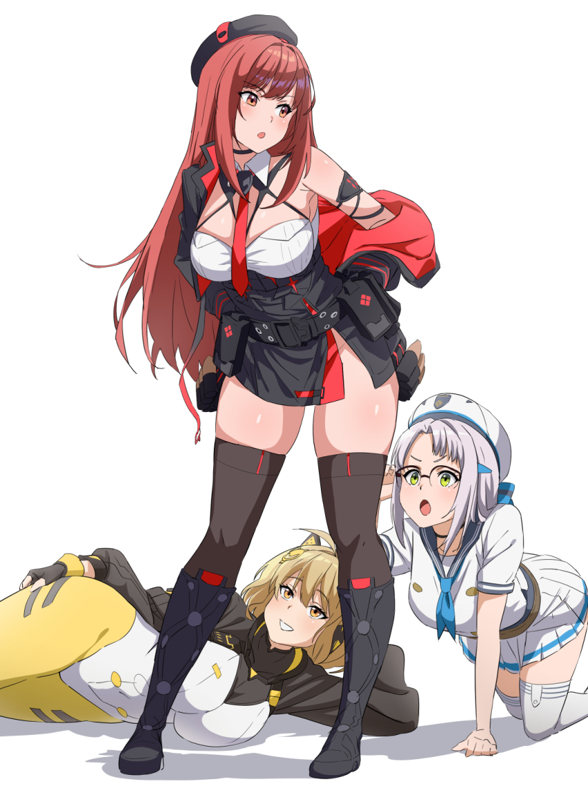 3girls all_fours anis_(nikke) beret black_skirt black_thighhighs blue_sailor_collar bodysuit breasts brown_eyes brown_hair fingerless_gloves full_body gloves goddess_of_victory:_nikke green_eyes hat hatenoga highres jacket large_breasts long_hair looking_at_another looking_back lying medium_hair multiple_girls neon_(nikke) on_side open_mouth pleated_skirt rapi_(nikke) rapi_(red_hood)_(nikke) red_hair red_jacket sailor_collar shirt simple_background skirt smile standing thighhighs white_background white_hair white_shirt white_skirt