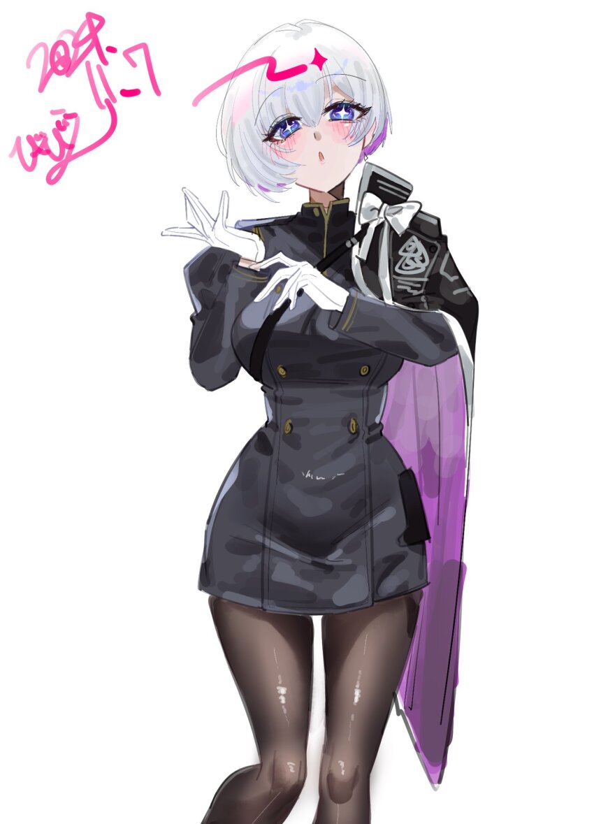 1girl :o bibie307 black_dress black_pantyhose blue_eyes breasts cowboy_shot dated dress gloves goddess_of_victory:_nikke highres liliweiss_(nikke) looking_at_viewer medium_breasts pantyhose short_hair simple_background solo star-shaped_pupils star_(symbol) symbol-shaped_pupils white_background white_gloves white_hair