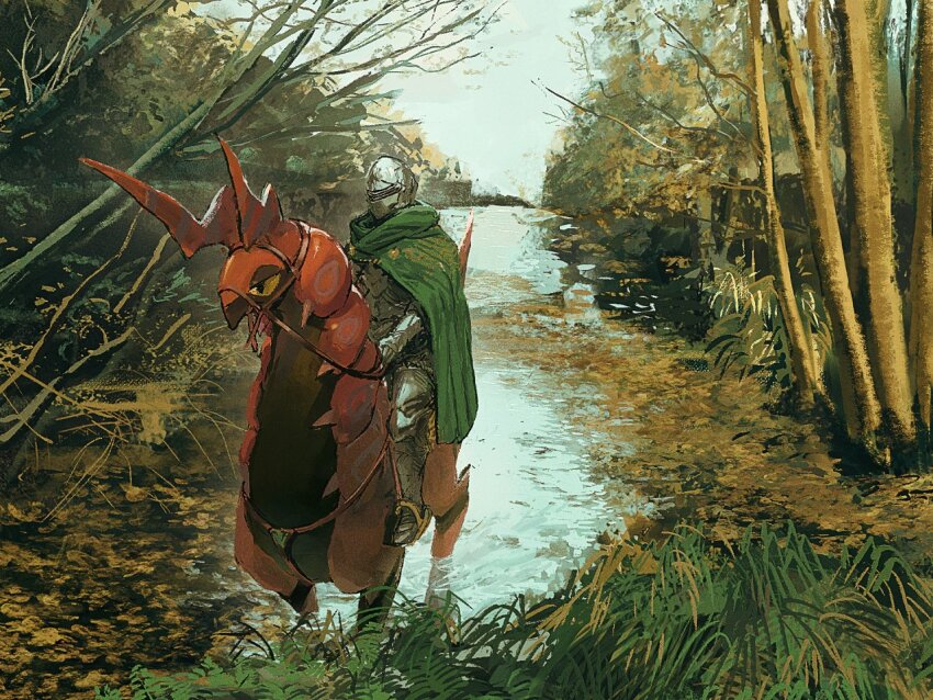 1boy armor cloak commentary day gauntlets gen_5_pokemon go-lurk greaves green_cloak helmet holding holding_reins male_focus nintendo outdoors pokemon pokemon_(creature) reins riding riding_pokemon scolipede sitting tree wading water