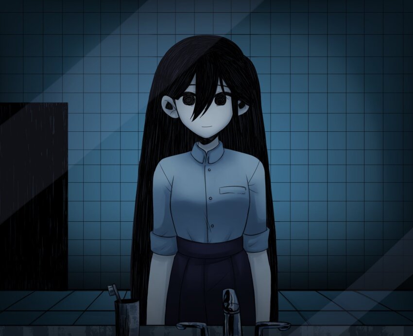 1girl alternate_universe arms_at_sides bathroom black_eyes black_hair breasts buttons closed_mouth collared_shirt commentary cup double-parted_bangs empty_eyes english_commentary hair_behind_ear hair_between_eyes hatching_(texture) high-waist_skirt highres indoors long_hair long_hair_between_eyes looking_at_viewer mari_(faraway)_(omori) mari_(omori) night no_pupils omocat_(style) omori open_door pale_skin purple_skirt shirt shirt_tucked_in short_sleeves sink skirt small_breasts smile solo standing straight-on straight_hair tile_floor tile_wall tiles toothbrush upper_body very_long_hair vignetting white_shirt yuunnikko