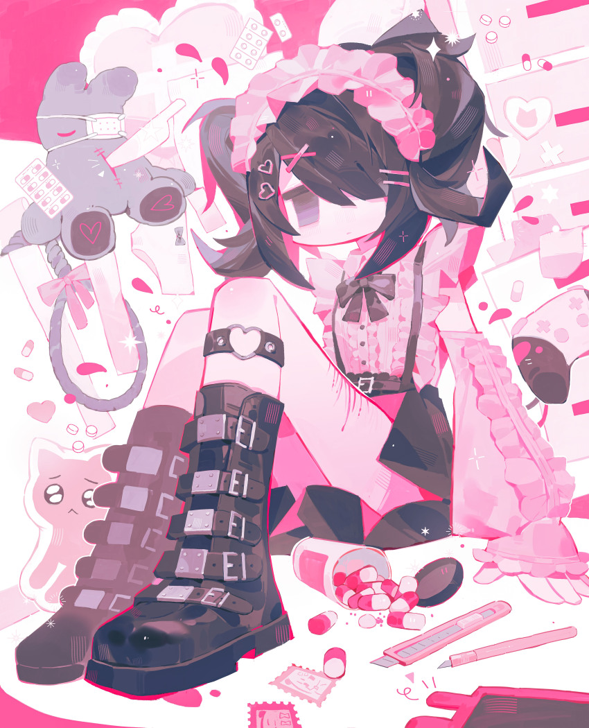 1girl absurdres alternate_costume ame-chan_(needy_girl_overdose) belt_boots black_boots black_hair blister_pack boots boxcutter cat cellphone center_frills chinese_commentary closed_eyes closed_mouth commentary_request controller expressionless eyepatch frilled_shirt frills full_body game_controller hair_ornament hair_over_one_eye hairclip heart heart_hair_ornament heart_o-ring highres injury jirai_kei knees_up knife long_hair long_sleeves looking_at_viewer medical_eyepatch needy_girl_overdose noose o-ring panties phone pien_cat_(needy_girl_overdose) pill pill_bottle pink_shirt qiu_yang_asheep self-harm shirt sitting skirt smartphone solo stuffed_animal stuffed_rabbit stuffed_toy suspender_skirt suspenders twintails underwear unworn_panties x_hair_ornament