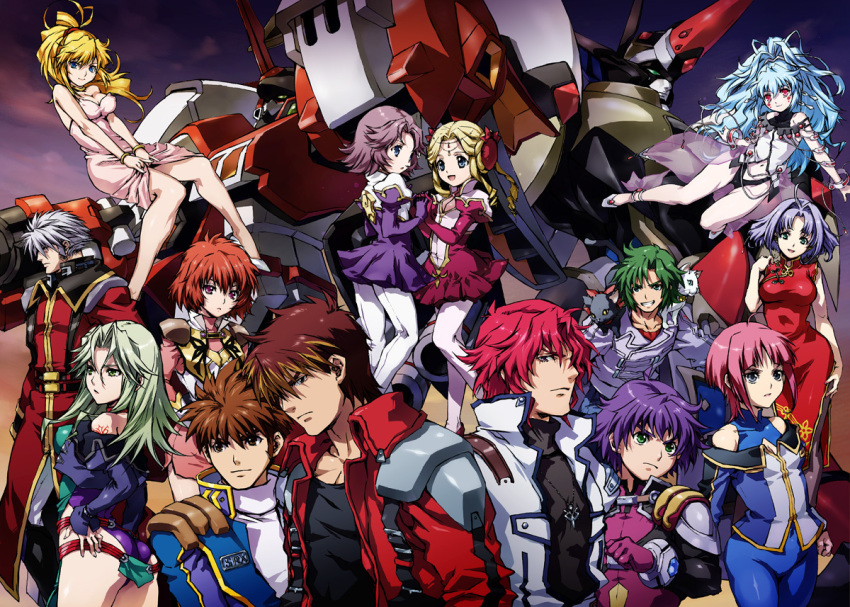 10s 6+boys 6+girls alfimi alteisen arado_balanga ass axel_almer banpresto bare_shoulders blonde_hair blue_eyes bracelet brown_eyes brown_hair cat china_dress chinese_clothes dress drill_hair excellen_browning green_eyes grey_hair grin hands_on_own_hips holding_hands ibis_douglas jewelry kuro_(srw) kyousuke_nanbu lamia_loveless latune_subbota light_purple_hair long_hair mai_kobayashi masaki_andoh mecha midriff mitsuko_isurugi multicolored_hair multiple_boys multiple_girls nakamura_kanko navel pantyhose pendant pink_hair ponytail purple_eyes purple_hair red_eyes revision robot ryuusei_date sanger_zonvolt shine_hausen shiro_(srw) shoes short_hair smile super_robot_wars super_robot_wars_og_the_inspector super_robot_wars_original_generation super_robot_wars_original_generation_2 tattoo thrudgelmir two-tone_hair uniform v_arms