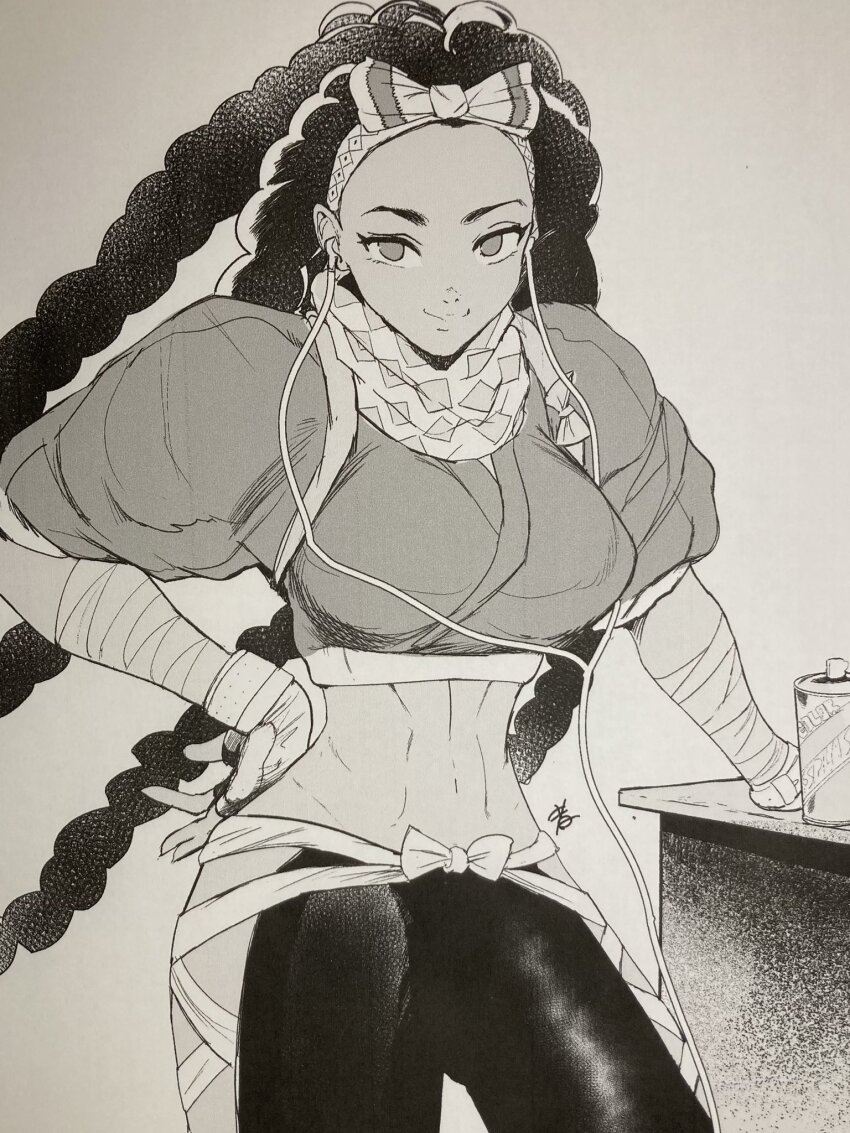 1girl abs breasts crop_top fingerless_gloves gloves headphones highres hiroshi_mono kimberly_jackson large_breasts long_hair monochrome pants short_sleeves street_fighter street_fighter_6 very_long_hair
