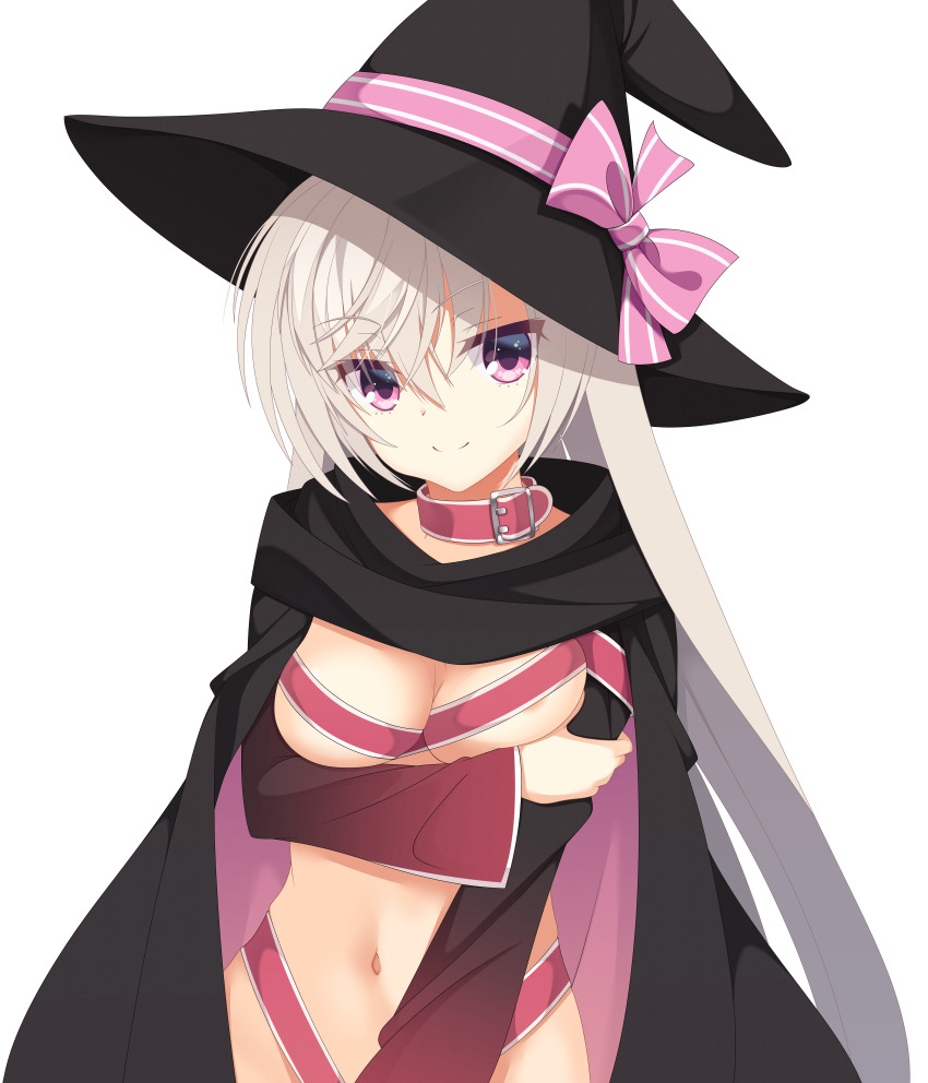 1girl absurdres akizuki_kanna areola_slip black_cloak bow breast_ribbon cafe_stella_to_shinigami_no_chou cloak cowboy_shot grey_hair hair_bow hat highres kaon_zz long_hair long_sleeves looking_at_viewer navel pink_bow purple_eyes red_ribbon ribbon solo stomach witch witch_hat