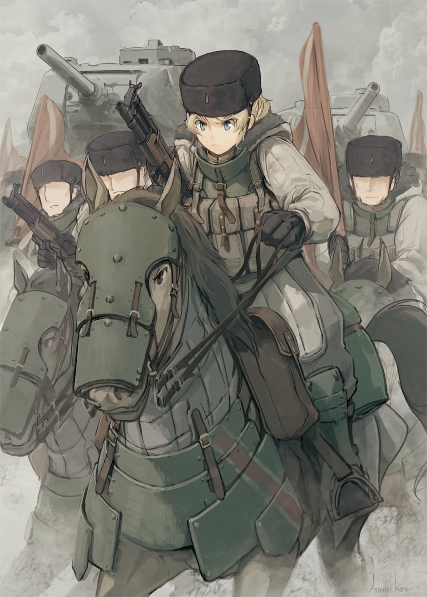 1girl 3boys ammunition_pouch armor asterisk_kome barding black_gloves blonde_hair blue_eyes boots bullpup cavalry closed_mouth frown fur_hat gloves gun hat highres holding holding_gun holding_weapon horse horseback_riding jacket long_sleeves military military_hat military_jacket military_uniform military_vehicle motor_vehicle multiple_boys original pouch riding stirrups_(riding) t-34 t-34-85 tank ushanka v-shaped_eyebrows weapon