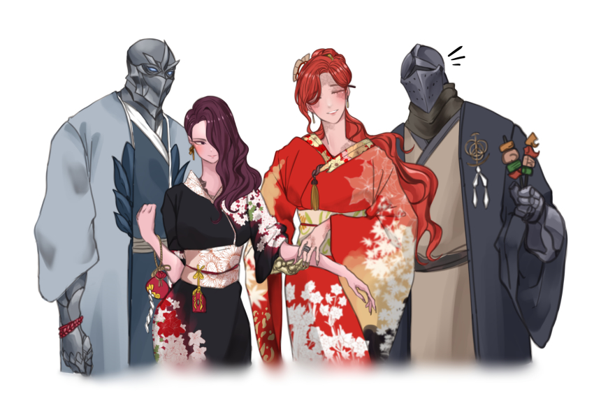2boys 2girls akali armor blush breasts crossover dress elden_ring highres illip japanese_clothes kimono knight league_of_legends long_hair malenia_blade_of_miquella multiple_boys multiple_girls ponytail prosthesis prosthetic_arm red_hair shen_(league_of_legends) tarnished_(elden_ring) very_long_hair